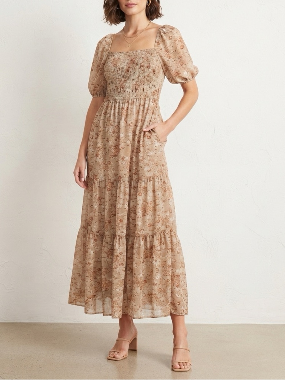 Neutral Floral Maxi Dress with Puff Sleeves